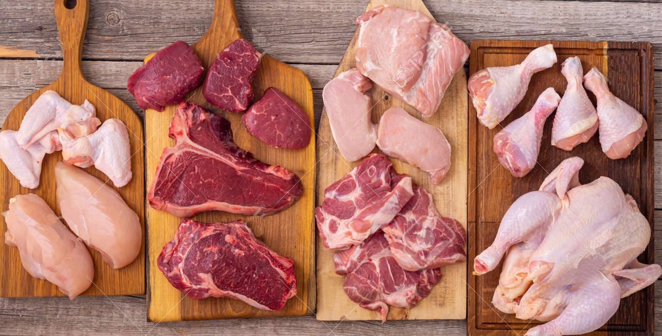 173364892 assortment of raw meat chicken beef steak and pork cooking background